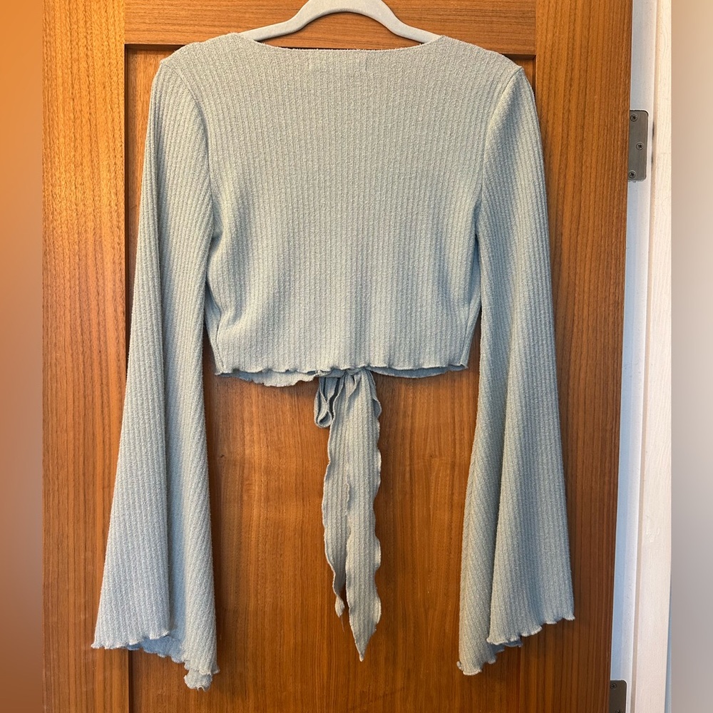 🧊🩵 UO Daisy Ribbed Tie-front Top In Slate - Size Small 🧊🩵 - Picture 2 of 6